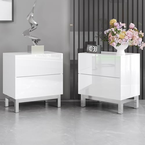 LUXOAK Nachttisch 2er Set Hochglanz Weiß, Moderne Beistelltische mit Schublade und verchromten Füßen, 60 cm hoch, Magnetverschluss, Stauraum für Schlafzimmer und Wohnzimmer