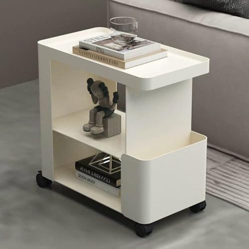 Rollbarer Beistelltisch mit Rädern, Nachttisch mit Rädern, Nachttisch aus Metall für Schlafzimmer, Wohnzimmer, Arbeitszimmer (weiß mit Rad)