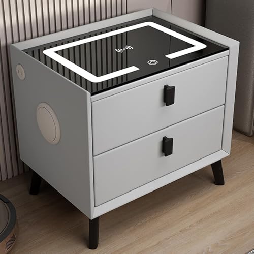 Intelligenter Nachttisch mit kabellosem Laden, 2 USB-Anschlüssen, Bluetooth-Lautsprecher und LED-Lichtern, grauer Nachttisch mit Schubladen für Schlafzimmer und Wohnzimmer