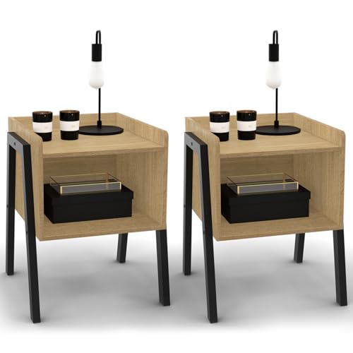 IDMarket Dalat Nachttische, 1 Höhle aus Holz und Metallbeinen, Schwarz, Industrie-Design, 2 Stück