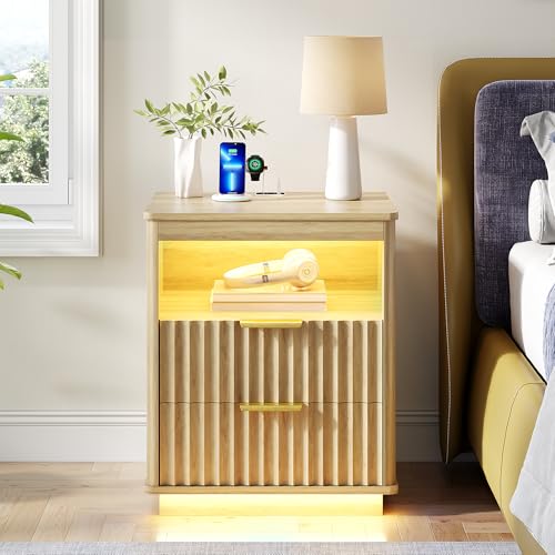 Vlsrka Nachttisch mit LED-Licht & Ladefunktion, Nachtschrank mit USB und Type-C Anschlüssen, Modern Nachtkästchen mit 2 Schubladen, Holz Nachttisch für Wohnzimmer Schlafzimmer, Holz