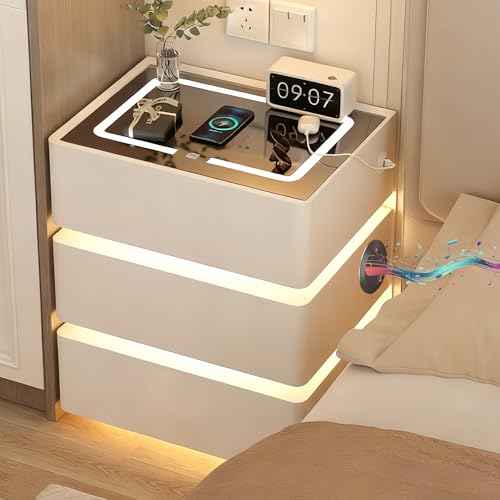 LED Nachttisch mit Ladefunktion, 3 Schubladen, Beistelltisch mit Bluetooth-Lautsprecher, Sensorlicht, 3-Farbiges Licht, Nachttisch Weiß mit 2USB&1Typ-C, Sofatisch für Wohnzimmer, Schlafzimmer