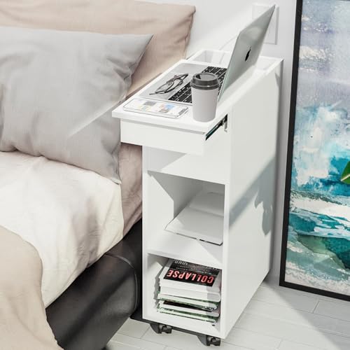 EXSELTMAN Nachttisch schmal 45x25x70cm, 2 offenen Ablagen und Schiebeschublade, Beistelltisch Rollen, Schmaler Kleiner Nachtschrank im Schlafzimmer, Nachtkästchen Platzsparend