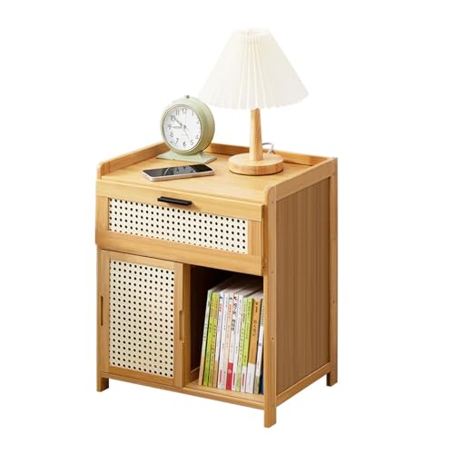 wintfarm Nachttisch Rattan,nachttische mit offenem Regal Schublade&Tür,Sofatisch Landhausstil nachttisch,Boho-Nachttisc h Bedside Table,ideal für Schlafzimmer und Wohnzimmer (Natur)