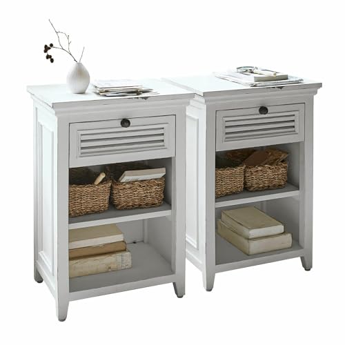 Loberon Nachttisch 2er Set Williston, Long-Island-Stil, Dezentes Antik-Finish, Maritimes Flair, Nachtkästchen, Mangoholz, antikweiß
