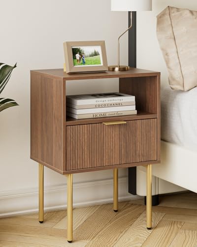 HEYZOEY Nachttisch, Nachtschrank mit 1 offenen Ablagen und 1 Schublade, Modern Nachtkästchen, Boho Nachtkommode für Schlafzimmer, Wohnzimmer, Nussbaum