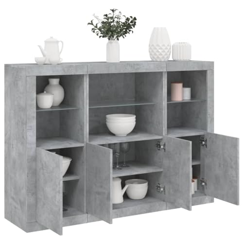 Homgoday Sideboards mit LED-Lichtern, 3 Stück, Grau, Beton, aus mehrschichtigem Holz, Sideboard, Schrank, Bodenschrank, Büro, Nachttisch, Anrichte für Schlafzimmer