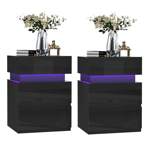 PIPIPOXER Nachttisch mit LED-Beleuchtung, 2er Set, Beistelltisch, Einstellbare Farben, Sofatisch 3 Schubladen, Nachtschrank Hochglanz Schlafzimmer, modern, 35 x 40 x 55 cm, Schwarz