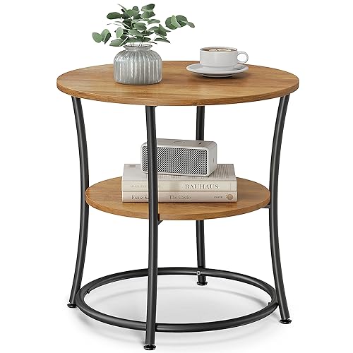 VASAGLE Beistelltisch, Couchtisch rund, Sofatisch, 2 Ablagen, Wohnzimmer, Schlafzimmer, einfacher Aufbau, Stahlrahmen, Industrie-Design, walnussbraun-tintenschwar z LET056B41