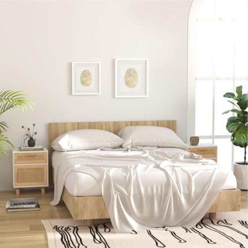 IBUQDDV Sofatisch Nightstand Ablagetisch Telefontisch Nachttische 2 STK. Weiß Massivholz Kiefer und Natur-Rattan für Wohnzimmer, Schlafzimmer, Flur, Büro