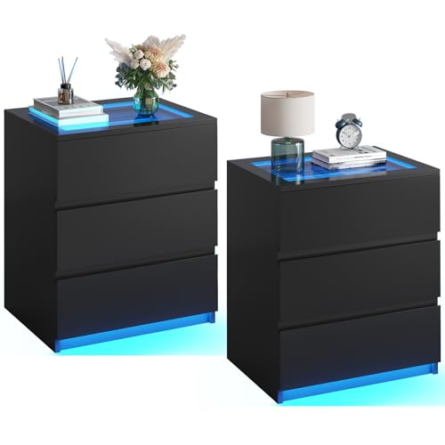 AOGLLATI 2er Set Nachttisch mit LED-Beleuchtung, Beistelltisch, 3 Schubladen, Holz Nachtschrank für Schlafzimmer, Wohnzimmer, Arbeitszimmer, Schwarz