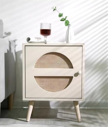 Moderner Nachttisch aus Holz im Landhausstil, Rattan-Nachttisch, Wohnzimmer- und Schlafzimmermöbel, Kleiner geriffelter Beistelltisch aus Holz mit offenem Regal (weiß)