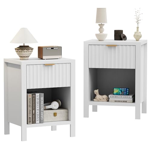 UEV Nachttisch mit Schublade 2er Set,Nachtkommode mit Füße,Beistelltisch,45 x 35 x 60cm,Sofatisch mit Beine,für Schlafzimmer, Wohnzimmer,offenes Fach,Holz,weiß