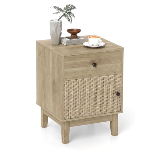 COSTWAY Nachttisch Rattan, Nachtschrank mit Schublade und Schrank, Beistelltisch, Sofatisch, Nachtkonsole im Boho-Sti für Schlafzimmer, Wohnzimmer