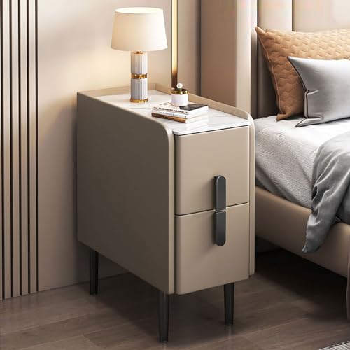 Moderner Nachttisch aus Kunstleder mit Marmorplatte, schmaler Luxus-Beistelltisch, 2 Schubladen, Aufbewahrungseinheit mit Metallbeinen für Schlafzimmer, Cachi-Farbe