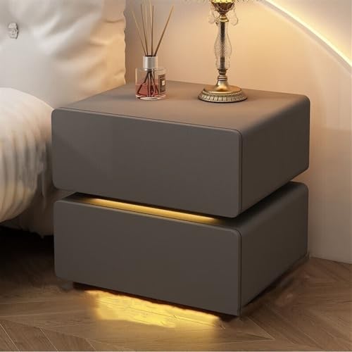 Nachttisch Leder Nachttisch mit LED Leuchten Massivholz Boden Stehend 2 Schubladen für Wohnzimmer und Schlafzimmer