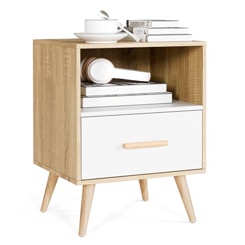 Mondeer Nachttisch, Nachtschrank mit 1 Schublade und 1 Offenem Fach, Holz Modern Nachtkommode mit Massivholzfüßen, Beistelltisch für Schlafzimmer Wohnzimmer, 40 x 35 x 51cm, Weiß und Eiche Mondeer Nachttisch, Nachtschrank mit 1 Schublade und 1 Offenem Fach, Holz Modern Nachtkommode mit Massivholzfüßen, Beistelltisch für Schlafzimmer Wohnzimmer, 40 x 35 x 51cm, Weiß und Eiche