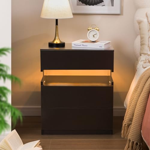 Cubehom Nachttische Schwarz Nachtschrank mit LED Licht Moderne Nachtkommode Nachtschrank mit 3 Schubladen für Schlafzimmer, Wohnzimmer,Schwarz