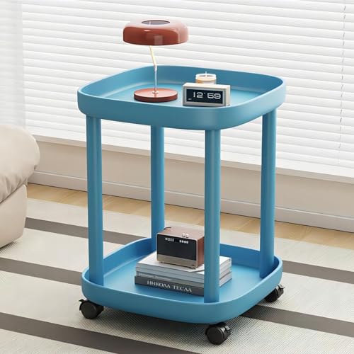 Runder Rolltisch mit feststellbaren Rollen, Nachttisch aus Kunststoff, vielseitiger Beistelltisch für Wohnzimmer, Schlafzimmer, Balkon, Terrasse - Stilvolles blaues Design