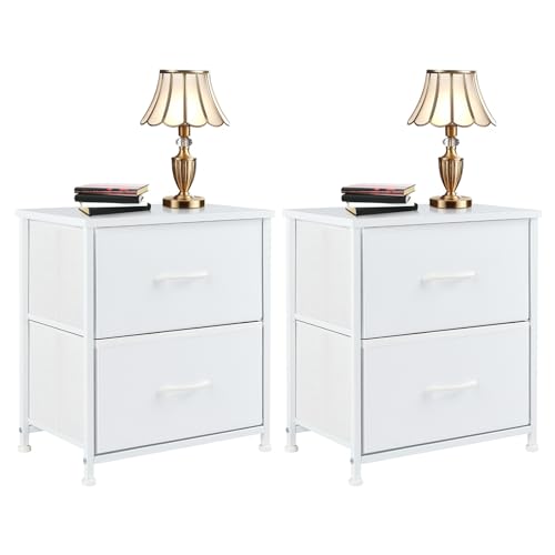 DUMOS Nachttisch 2er Set Beistelltisch Stoff Schubladenschrank Schmal Schrank Kommode Schlafzimmer Industrial Stil für Wohnzimme Kinderzimmer Flur Aufbewahrungsschrank