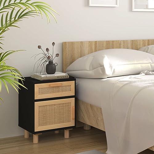 LAPOOH Nachttisch Schwarz Massivholz Kiefer und Natur-Rattan, Nachtschrank, Nachtkästchen, Bedside Table, Nachtkommode, Nightstand, Nachttischschrank, Nachtkonsole