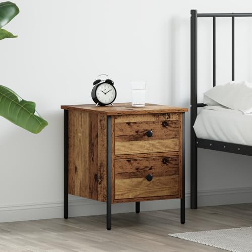 RMIHSJG Nachttisch Alter Holz 40x42x50 cm mit Zwei Schubladen rustikale Oberfläche Stauraum Schlafzimmer Kommode solide Holz Metall langlebig rustikal
