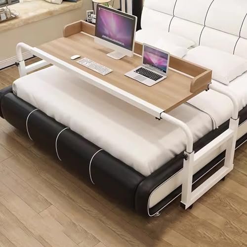 Mobiler Betttisch, Nachttisch, verstellbare Höhe und Länge, Stehtisch für über dem Bett, Kingsize-Schreibtisch mit Lenkrollen, Tablett, Schreibtisch, rollbarer medizinischer Tisch (Farbe: Holz)