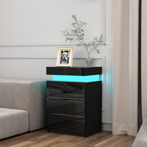 Nachttisch Schwarz Hochglanz Nachtschrank Nachtkästchen mit LED, Nachttisch mit Geheimfach und 3 Schubladen Push-to-Open System, Kommode für Schlafzimmer Wohnzimmer 45x35x67cm (Schwarz)