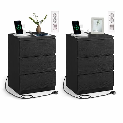 VASAGLE Kailyn Kollektion   Nachttisch Steckdosenleiste, 2er Set, Beistelltisch, 3 Schubladen, 2 AC Steckdosen, 2 USB A Anschlüsse, modern, ebenholzschwarz LET831B56