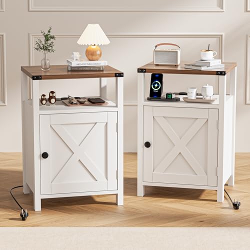 FiveWillowise Holz Nachttisch 2er Set, Beistelltisch mit Steckdose, Nachtschrank mit Offenem Stauraum, 2 USB Ports und 2 Steckdosen, für Schlafzimmer, Wohnzimmer, Flur, Lesezimmer, Weiß