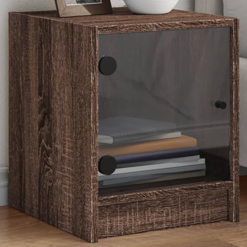 Runheo Nachttisch mit Glastür, Braun Eichen-Optik, 35x37x42 cm, Stabiler Beistellschrank für Schlafzimmer, Wohnzimmer, Holzwerkstoff, Elegantes Design