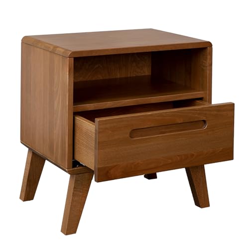 Nachttisch Strade Buche massiv 50x34x52 cm – Holz-Nachttisch in Amerikanischer Nussbaum, Soft-Close Blum, Wasserlack, Schublade mit Griffmulde, hochwertig & nachhaltig (Rustikales Teakholz)