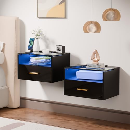 Nachttisch Hängend 2er set mit RGB LED-Beleuchtung & 2 AC Steckdose/2 USB-Anschlüsse,Nachtkäs tchen Schwebend mit Einer Schublade,Trennwand aus Gehärtetem Glas für Schlaf & Wohnzimmer(Schwarz)