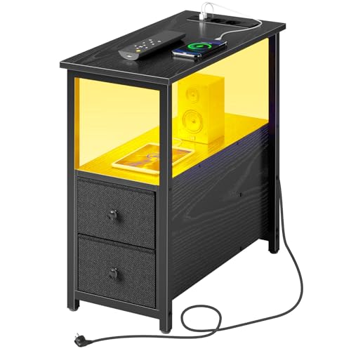 Rolanstar Beistelltisch mit Steckdosenleiste, Schmaler Nachttisch mit 2 Schubladen, Sofatisch aus Holz für kleine Räume, Wohnzimmer, Schlafzimmer, 58L x 28B x 60H cm