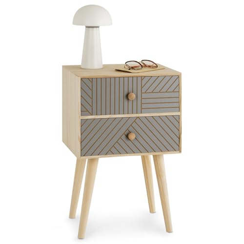 IDIMEX Nachttisch Pelo mit 2 Schubladen Natur/grau - Nachtkasten mit Ziernuten im Boho Stil, Nachtkommode aus Paulownia-Holz