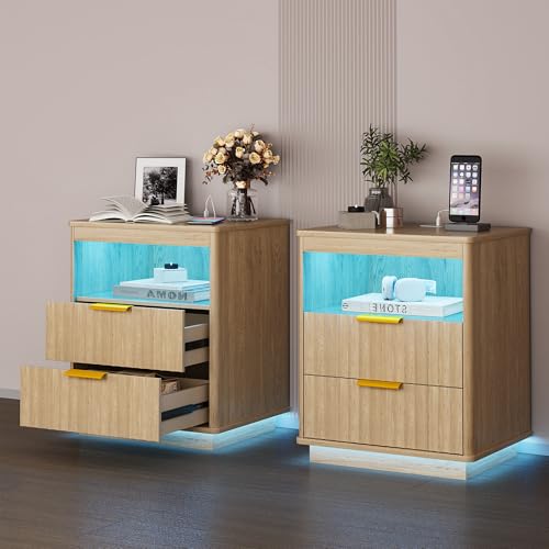 Vlsrka 2er Set Nachttisch mit LED-Licht & Ladefunktion, Nachtschrank mit USB und Type-C Anschlüssen, Modern Nachtkästchen mit 2 Schubladen, Holz Nachttisch für Wohnzimmer Schlafzimmer, Holz