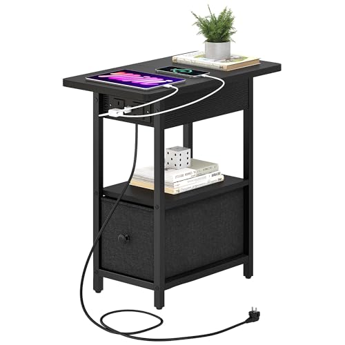 YITAHOME Beistelltisch Schwarz Holz, Beistelltische Schmal Couch mit Schublade Flip-Top Nachttisch mit Steckdose Couchtisch mit Stauraum Klein Nachtschrank für Wohnzimmer, Schlafzimmer, Arbeitszimmer