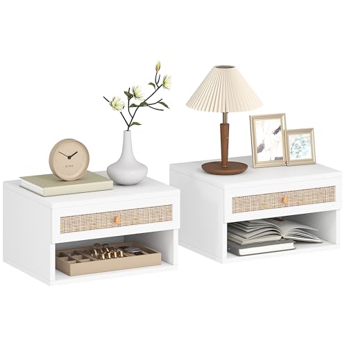 HOMCOM Set mit 2 schwebenden Nachttischen zur Wandmontage, mit Rattan-Schublade und offenem Regal, Nachttische im nordischen Stil, für Wohnzimmer, 40 x 34 x 23 cm, Weiß