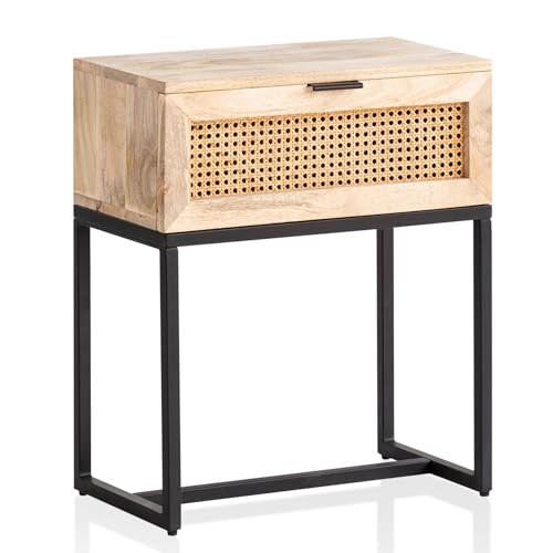FineBuy Nachtkonsole Mango Massivholz/Rattan 50x60x30 cm Nachttisch Braun, Nachtkommode Boxspringbett mit Schublade Wiener Geflecht, Nachtkästchen mit Stauraum & Metallgestell