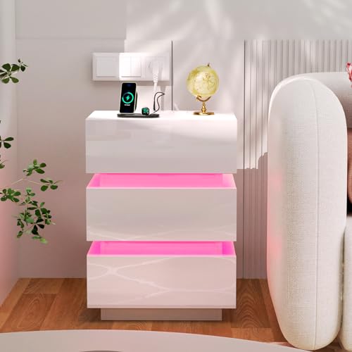 PIPIPOXER Nachttisch LED mit Steckdose & USB, Nachtschrank Weiß Hochglanz mit 3 Schubladen, Nachtkommode mit LED-Beleuchtung, Beistelltisch für Schlafzimmer Wohnzimmer, 45x35x61cm, Weiß PIPIPOXER Nachttisch LED mit Steckdose & USB, Nachtschrank Weiß Hochglanz mit 3 Schubladen, Nachtkommode mit LED-Beleuchtung, Beistelltisch für Schlafzimmer Wohnzimmer, 45x35x61cm, Weiß