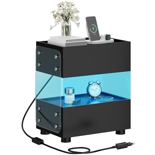 YITAHOME Nachttisch mit 2 Schubladen, schwebender Nachttisch mit 7-Farbiger LED-Lichtleiste, moderner Akzent-Beistelltisch mit mattiertem gehärtetem Glas für Schlafzimmer und Wohnzimmer, Schwarz