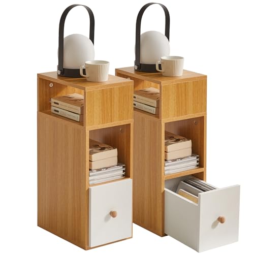 IBUYKE Nachttisch 2er Set, Schmal Beistelltisch mit Schublade, 2 offene Fächer,Kleiner Nachtschrank Platzsparend, für Schlafzimmer, Wohnzimmer,Arbeitszimmer, Natürliche Farbe WNS006N-2