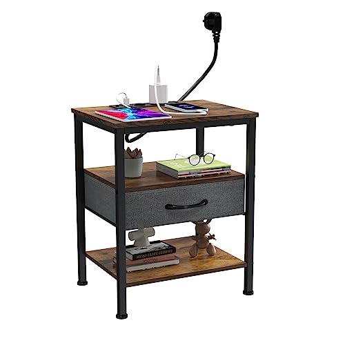 Wohenster Nachttisch mit Ladefunktion Beistelltisch Holz mit Stoffschublade Ablageflächen Metallrahmen Nachttische Vintage Braun Nachtschrank 40x30x60cm Nachtkästchen für Räume Wohnzimmer Schlafzimmer