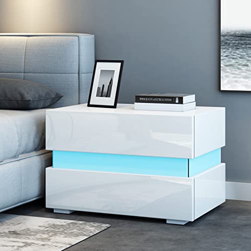 Komtopod Weiß Nachttisch Moderner LED Licht Nachtschrank Hochglanz Nachttische Beistelltisch mit 2 Schubladen für Schlafzimmer