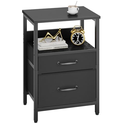 YMYNY Nachttisch, Beistelltisch, 2 Aufbewahrung Stoffschubladen und offenes Fach, Metallgestell, 40 x 30 x 53,8 cm, für Wohnzimmer, Schlafzimmer, Holzmaserung Schwarz HST011B