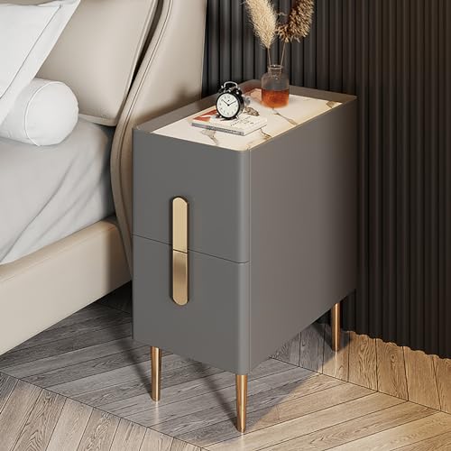 Generisch Minimalistischer, schmaler Nachttisch mit 2 Schubladen, Metallbeinen und PU-Leder-Finish, Nachttischschrank für schmale Räume in Schlafzimmern, Grau (25 x 40 x 50 cm)