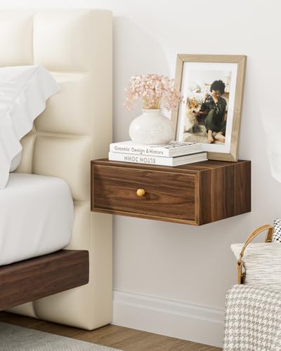 Apetaccat Schwebender Nachttisch, schwebendes Nachttische mit Schublade, an der Wand befestigter Bettschrank for Schlafzimmer, Wohnzimmer(Nussbaum)