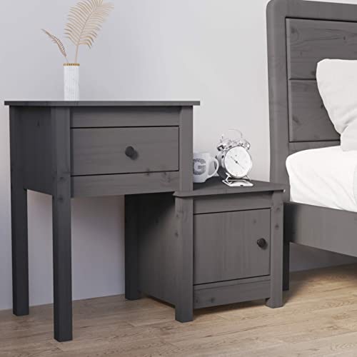 Fasba Nachttisch Grau 79,5x38x65,5 cm Massivholz Kiefer, Beistelltisch mit viel Stauraum, Nachtschrank, Nachtkommode, Nachtkonsole