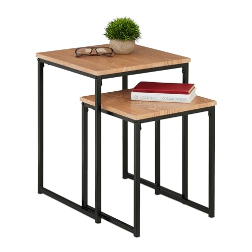 Relaxdays Beistelltisch 2er Set, stapelbar, Industrie Design, Satztisch 2 Größen, quadratisch, Metall, hellbraun/schwarz