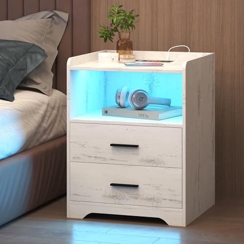 LVSOMT Nachttisch mit 24 Farben LED, RGB Nachttisch mit Ladefunktion und Steckdose, Modernes Nachttische Holz für Schlafzimmer, Nachtschrank mit Kabelloses Laden, USB Type-C Ladeanschluss (Weiß Holz)
